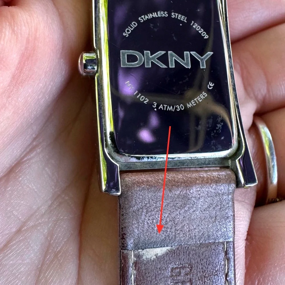 VTG‎ DKNY Quartz Watch Pink Leather Band Rectangle Face Solid Stainless Steel